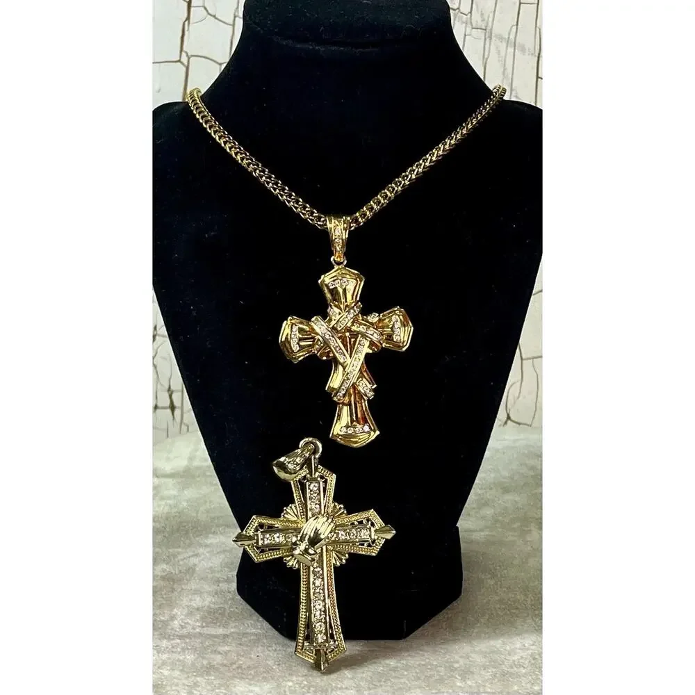 Lg Gold Tone Cross Pendant Lot w 30” Stainless Chain 2 Interchangeable Pendants